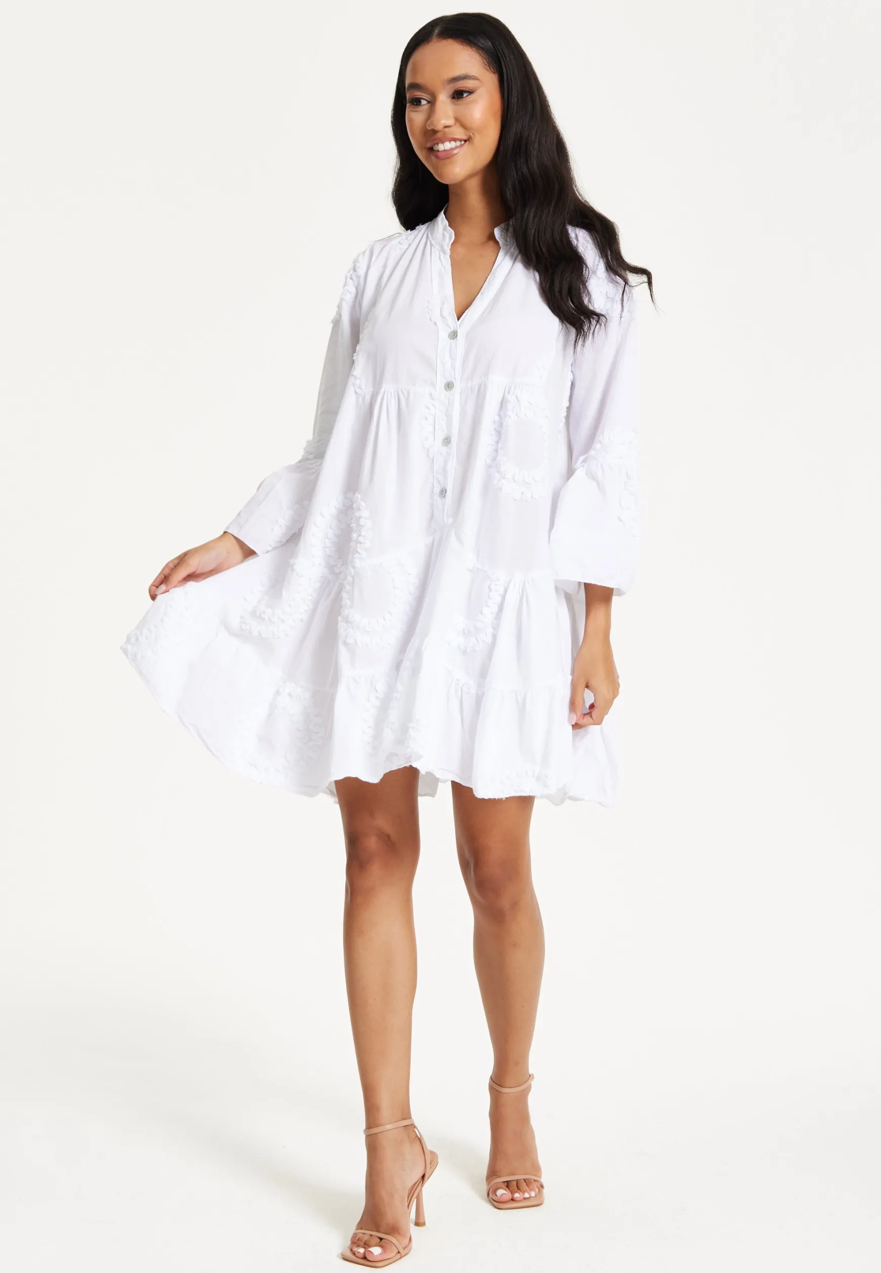 White Tiered Button Front Mini Dress