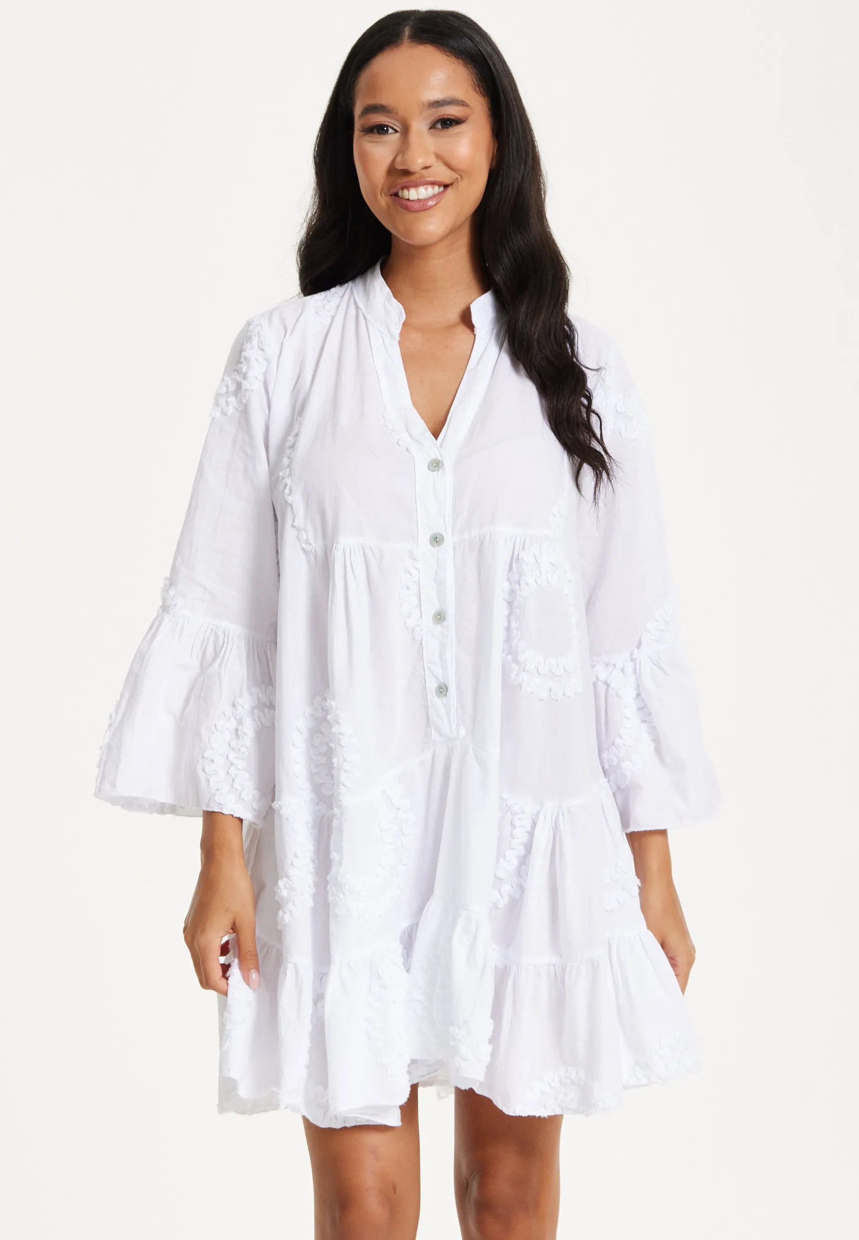White Tiered Button Front Mini Dress
