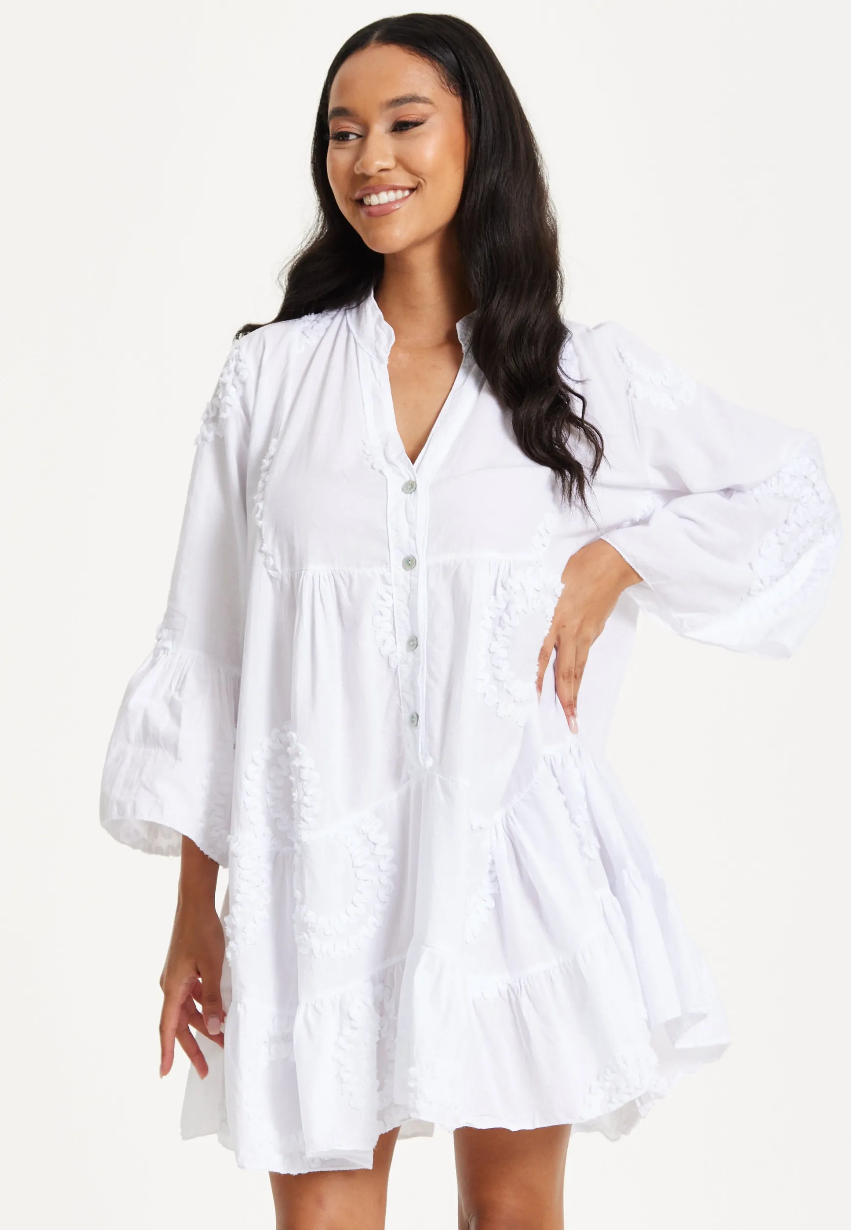 White Tiered Button Front Mini Dress