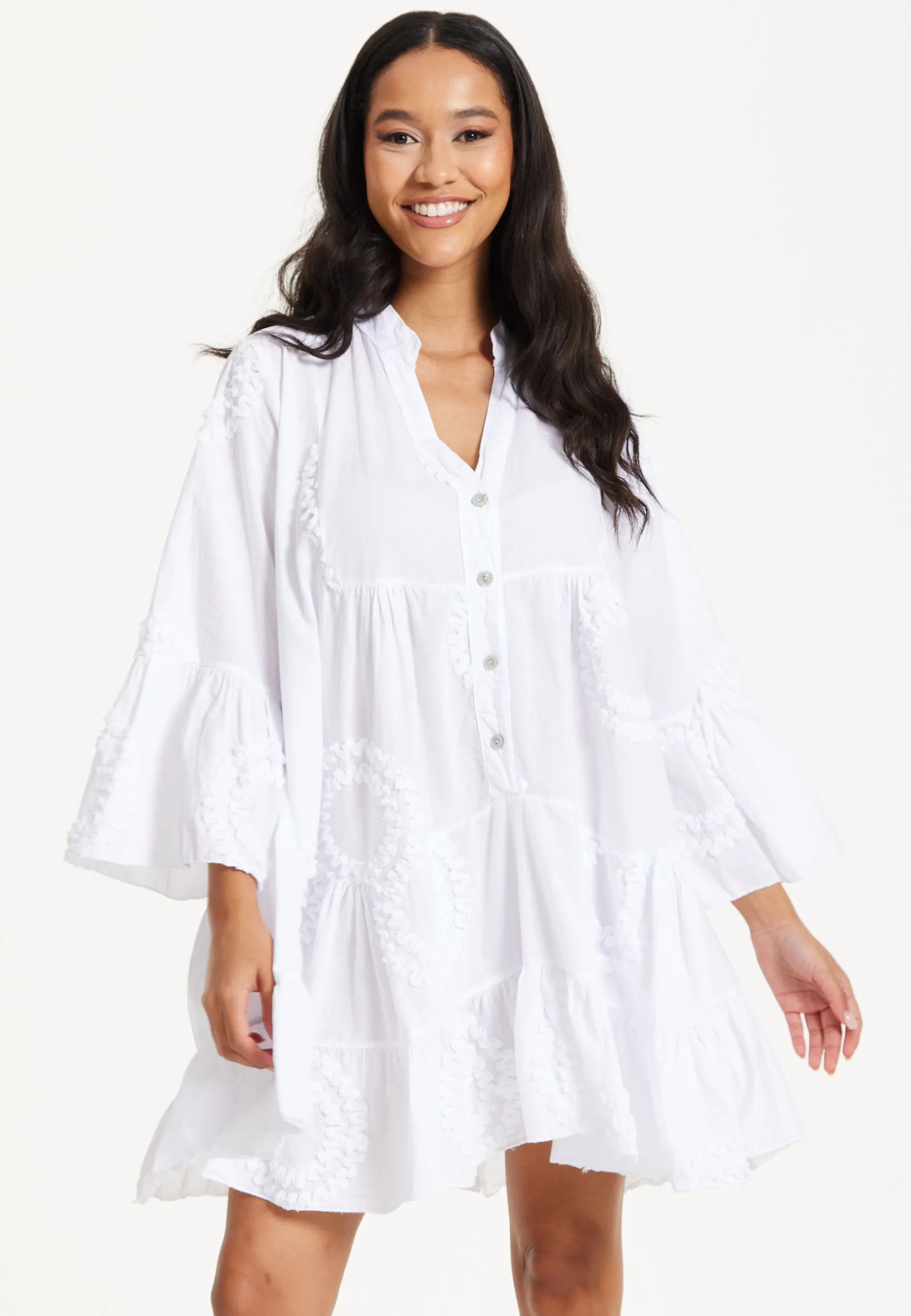 White Tiered Button Front Mini Dress