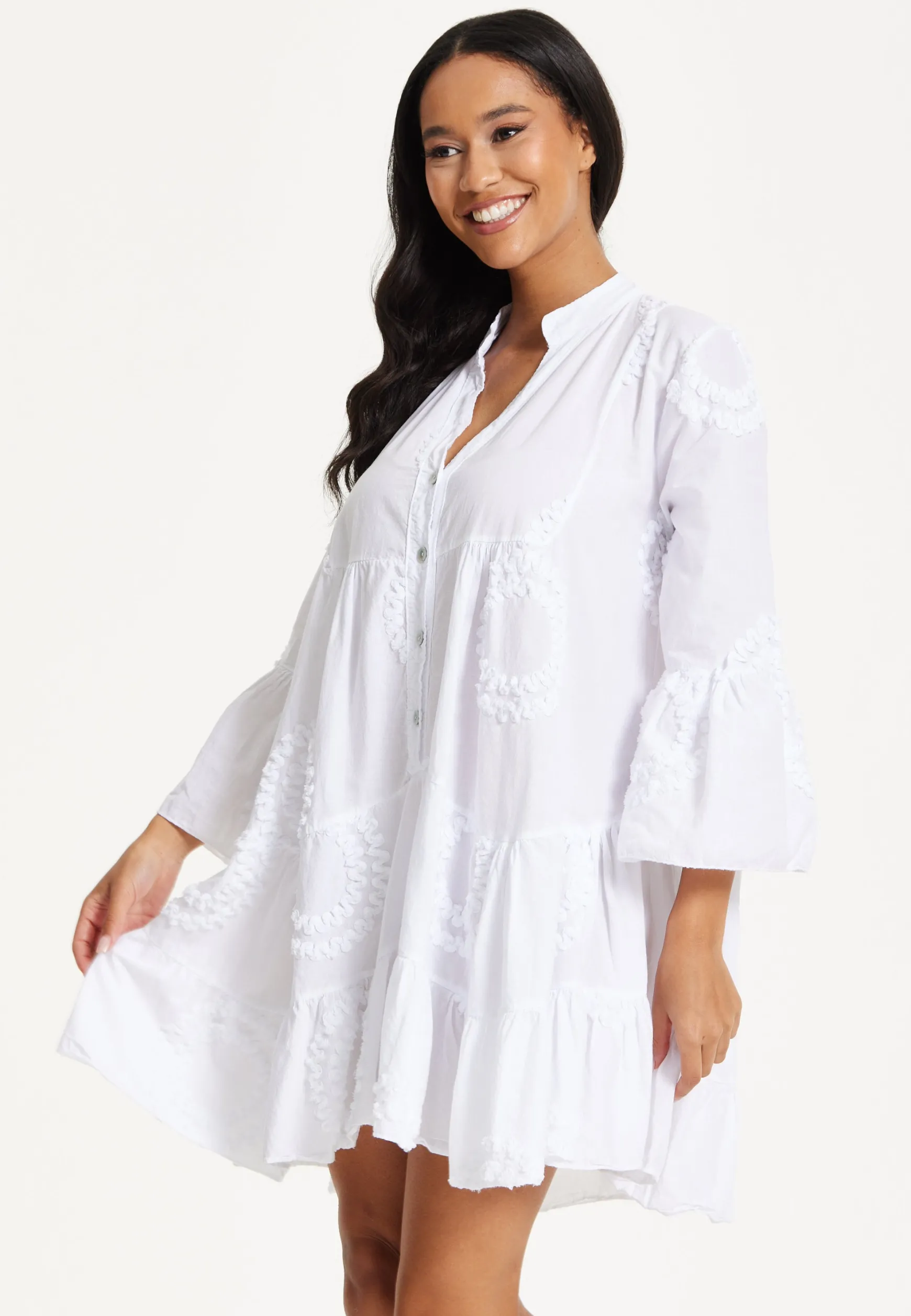 White Tiered Button Front Mini Dress