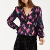 Women's Abstract Ikat Top in Black with Vibrant Feather Print, Long Balloon Sleeves, Button-Up High Neck Collar.