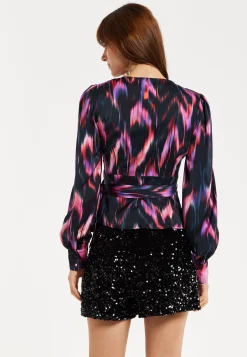 Women's Abstract Ikat Top in Black with Vibrant Feather Print, Long Balloon Sleeves, Button-Up High Neck Collar.
