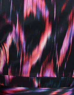 Women's Abstract Ikat Top in Black with Vibrant Feather Print, Long Balloon Sleeves, Button-Up High Neck Collar.