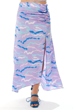 Women's Abstract Print Gathered Front Slit Maxi Skirt - Regular Fit, 100% Polyester, in Stunning Colors - Liquorish