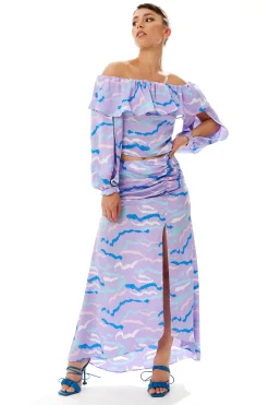 Women's Abstract Print Gathered Front Slit Maxi Skirt - Regular Fit, 100% Polyester, in Stunning Colors - Liquorish