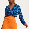 Women's Abstract Print Wrap Top In Pink, Orange, And Blue - Crossover Front, V Neck, Long Sleeves, Elasticated Waist