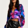 Women's Abstract Print Wrap Top in Blue and Purple with Long Sleeves, Deep V-Neckline, and Crop Fit for Date Night