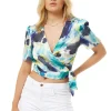 Women's Abstract Print Wrap Top in V-Neck with Short Sleeves and Matching Tie Waist - Regular Fit