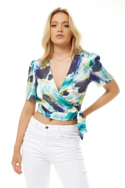 Women's Abstract Print Wrap Top in V-Neck with Short Sleeves and Matching Tie Waist - Regular Fit