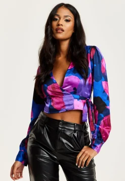 Women's Abstract Print Wrap Top in Blue and Purple with Long Sleeves, Deep V-Neckline, and Crop Fit for Date Night