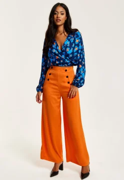 Women's Abstract Print Wrap Top In Pink, Orange, And Blue - Crossover Front, V Neck, Long Sleeves, Elasticated Waist