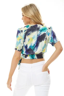 Women's Abstract Print Wrap Top in V-Neck with Short Sleeves and Matching Tie Waist - Regular Fit