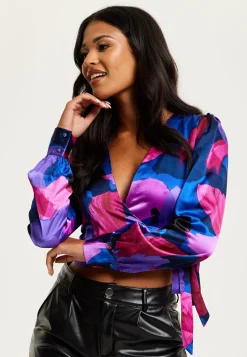 Women's Abstract Print Wrap Top in Blue and Purple with Long Sleeves, Deep V-Neckline, and Crop Fit for Date Night