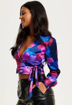 Women's Abstract Print Wrap Top in Blue and Purple with Long Sleeves, Deep V-Neckline, and Crop Fit for Date Night