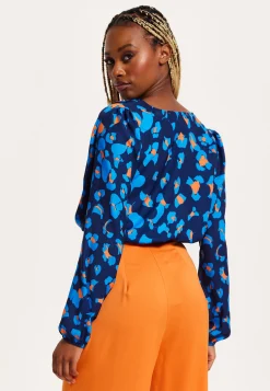 Women's Abstract Print Wrap Top In Pink, Orange, And Blue - Crossover Front, V Neck, Long Sleeves, Elasticated Waist