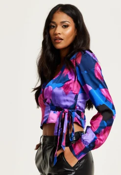 Women's Abstract Print Wrap Top in Blue and Purple with Long Sleeves, Deep V-Neckline, and Crop Fit for Date Night