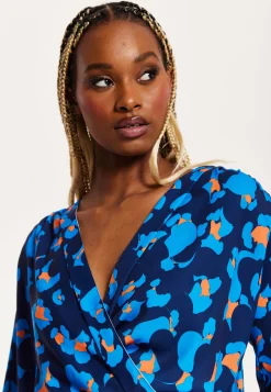 Women's Abstract Print Wrap Top In Pink, Orange, And Blue - Crossover Front, V Neck, Long Sleeves, Elasticated Waist