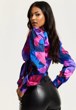 Women's Abstract Print Wrap Top in Blue and Purple with Long Sleeves, Deep V-Neckline, and Crop Fit for Date Night