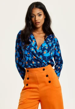 Women's Abstract Print Wrap Top In Pink, Orange, And Blue - Crossover Front, V Neck, Long Sleeves, Elasticated Waist