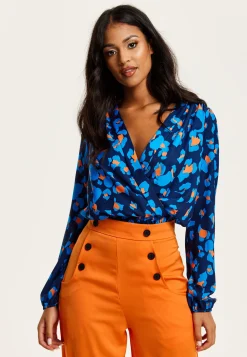 Women's Abstract Print Wrap Top In Pink, Orange, And Blue - Crossover Front, V Neck, Long Sleeves, Elasticated Waist