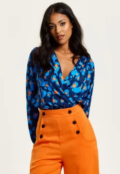 Women's Abstract Print Wrap Top In Pink, Orange, And Blue - Crossover Front, V Neck, Long Sleeves, Elasticated Waist