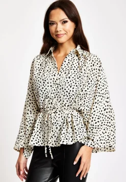 Women's Animal Print Shirt with Long Sleeves, Button-Up Front, Tie Waist, Shirt Collar, Regular Fit