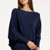 Women's Back Pearl-Button Detail Navy Jumper with Batwing Sleeves - Elegant and Versatile for Any Occasion