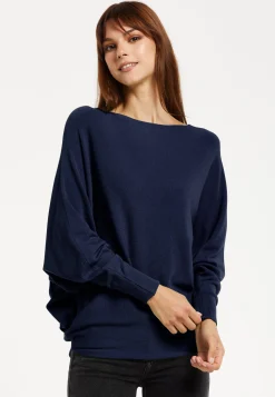 Women's Back Pearl-Button Detail Navy Jumper with Batwing Sleeves - Elegant and Versatile for Any Occasion