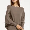 Women's Back Pearl-Button Detail Brown Jumper with Batwing Sleeves, Relaxed Fit, Chic Layering Essential