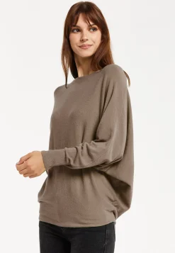 Women's Back Pearl-Button Detail Brown Jumper with Batwing Sleeves, Relaxed Fit, Chic Layering Essential