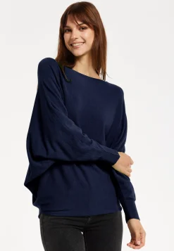 Women's Back Pearl-Button Detail Navy Jumper with Batwing Sleeves - Elegant and Versatile for Any Occasion