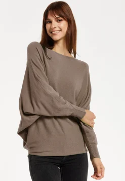 Women's Back Pearl-Button Detail Brown Jumper with Batwing Sleeves, Relaxed Fit, Chic Layering Essential