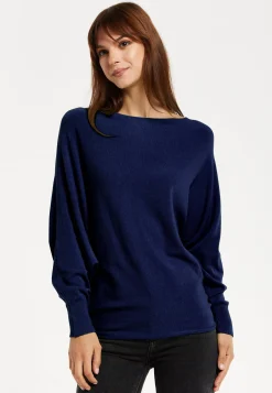 Women's Back Pearl-Button Detail Navy Jumper with Batwing Sleeves - Elegant and Versatile for Any Occasion