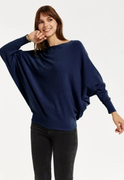 Women's Back Pearl-Button Detail Navy Jumper with Batwing Sleeves - Elegant and Versatile for Any Occasion