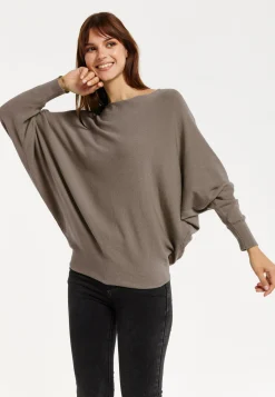 Women's Back Pearl-Button Detail Brown Jumper with Batwing Sleeves, Relaxed Fit, Chic Layering Essential