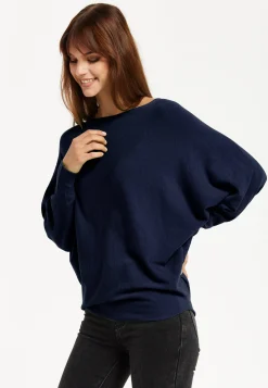 Women's Back Pearl-Button Detail Navy Jumper with Batwing Sleeves - Elegant and Versatile for Any Occasion