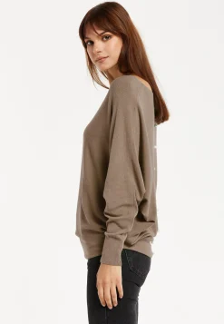 Women's Back Pearl-Button Detail Brown Jumper with Batwing Sleeves, Relaxed Fit, Chic Layering Essential
