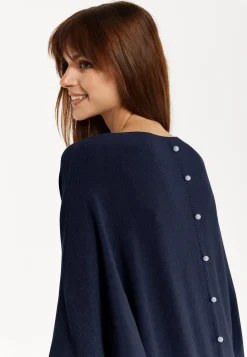 Women's Back Pearl-Button Detail Navy Jumper with Batwing Sleeves - Elegant and Versatile for Any Occasion