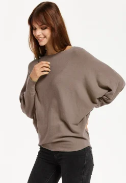 Women's Back Pearl-Button Detail Brown Jumper with Batwing Sleeves, Relaxed Fit, Chic Layering Essential