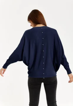 Women's Back Pearl-Button Detail Navy Jumper with Batwing Sleeves - Elegant and Versatile for Any Occasion