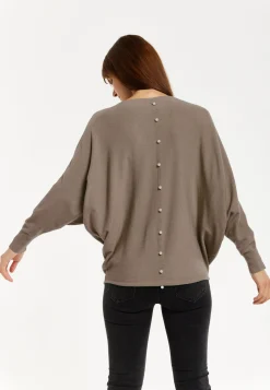 Women's Back Pearl-Button Detail Brown Jumper with Batwing Sleeves, Relaxed Fit, Chic Layering Essential