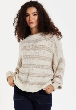 Women's Beige Oversized Knitted Jumper with Long Sleeves and Bold Stripes - Liquorish