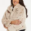 Women's Beige Puffer Jacket with High Collar, Zip Detail, Plush Padding, Cozy Warmth - Liquorish