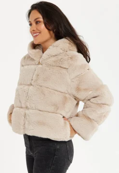 Women's Beige Puffer Jacket with High Collar, Zip Detail, Plush Padding, Cozy Warmth - Liquorish