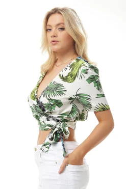 Women's Bird and Floral Print V-Neck Wrap Top with Short Sleeves, Tie Waist, Regular Fit - Perfect for Any Occasion