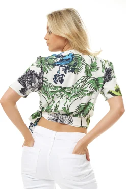 Women's Bird and Floral Print V-Neck Wrap Top with Short Sleeves, Tie Waist, Regular Fit - Perfect for Any Occasion
