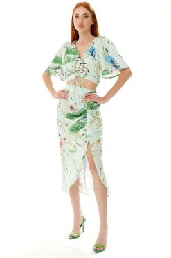 Women's Bird Print Ruched Front Crop Top with Short Sleeves in Mint Green - Summer Ready V Neck Design