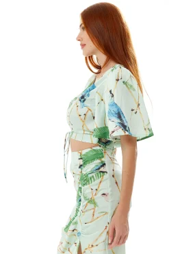 Women's Bird Print Ruched Front Crop Top with Short Sleeves in Mint Green - Summer Ready V Neck Design