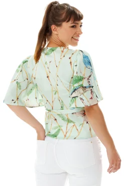 Women's Bird Print Wrap Top with V Neck, Mint Green, Cross Over Front, Perfect for Summer, Regular Fit, Co-ord Set